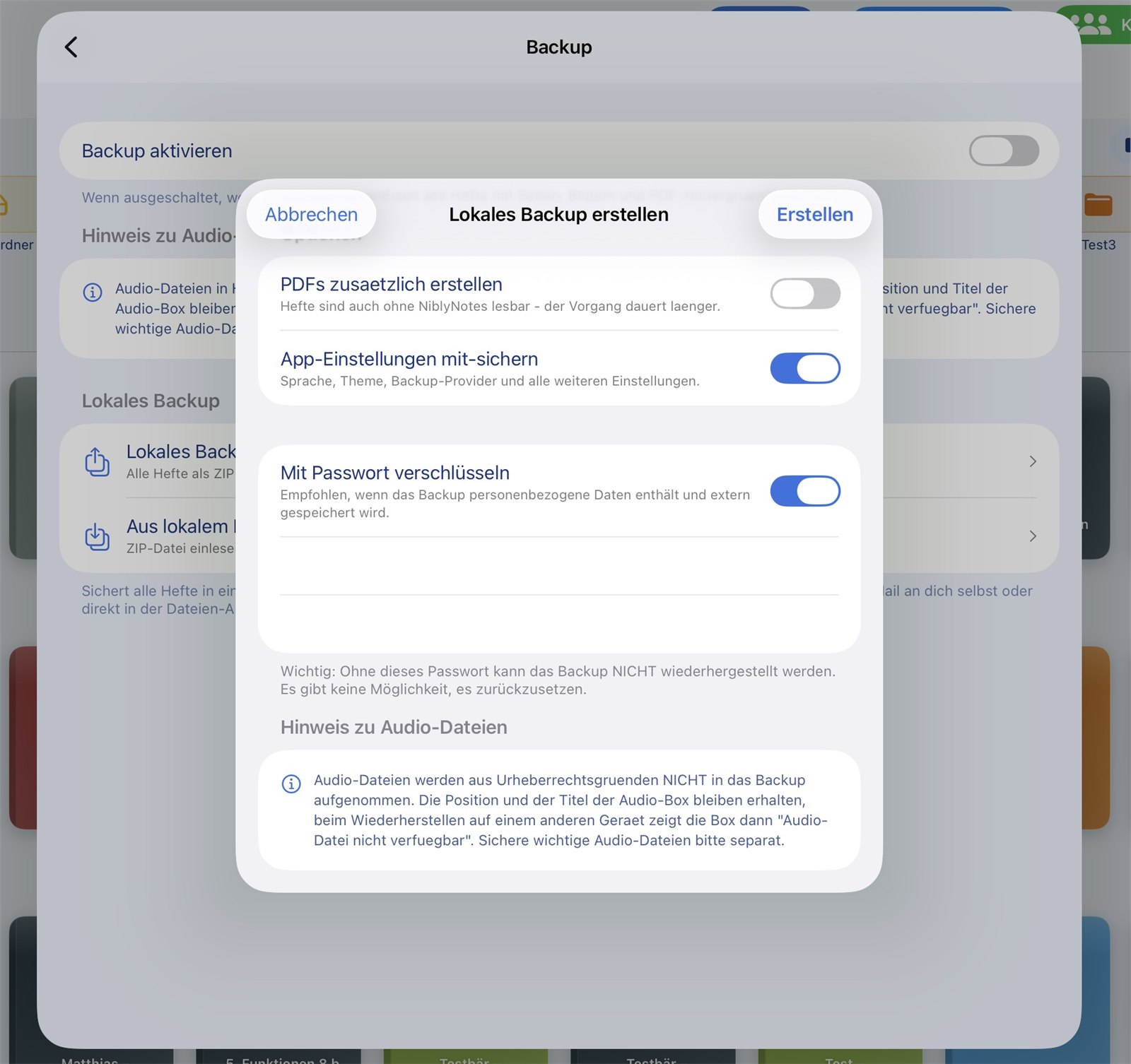 Passwort-Eingabe beim Backup-Export