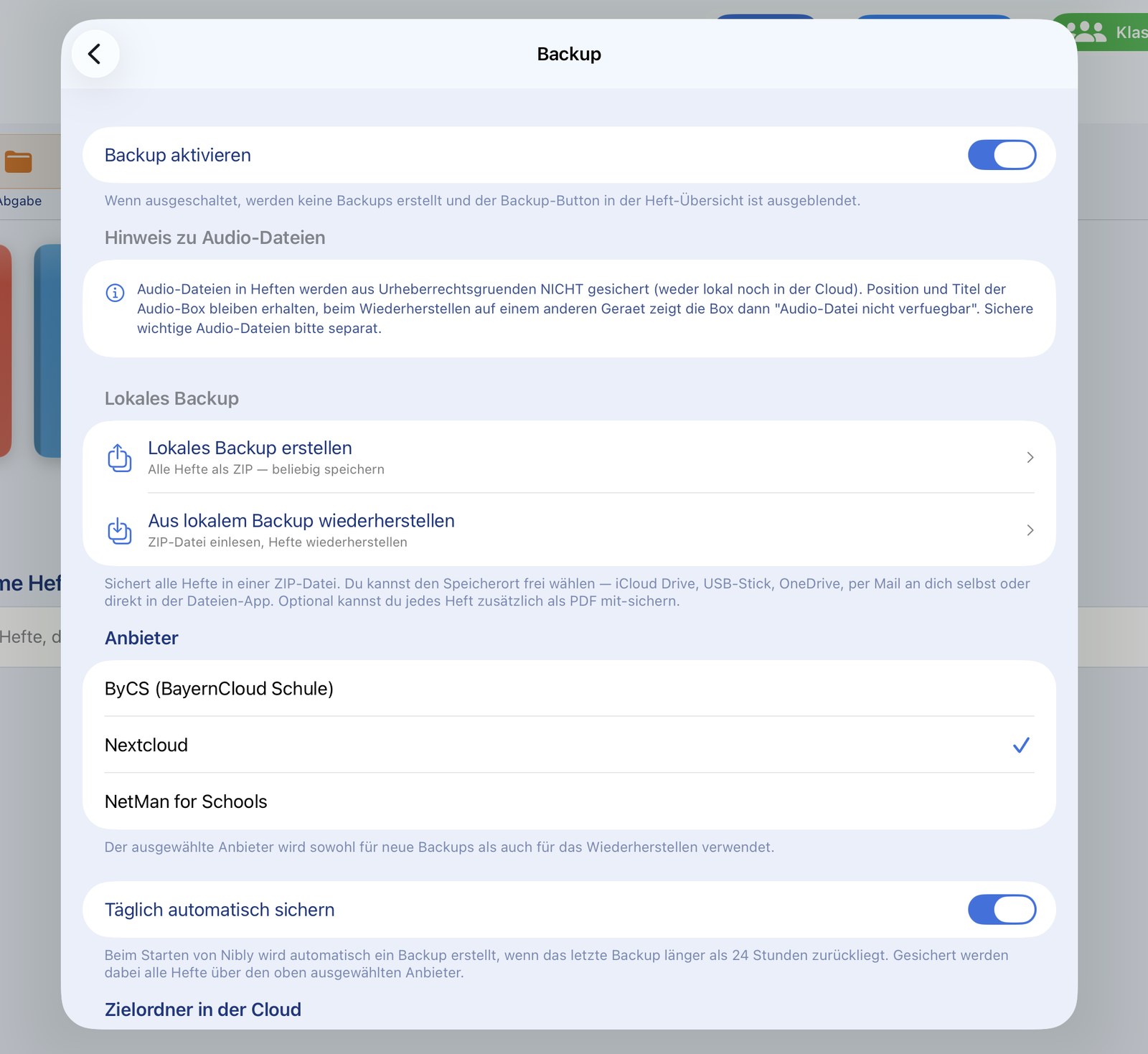 Backup-Einstellungen mit lokalem ZIP-Backup