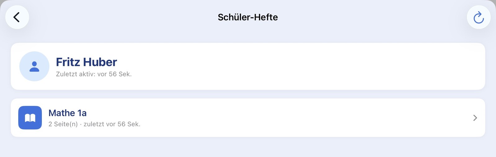 Heftseite eines Schülers in der Lehrkraft-Übersicht