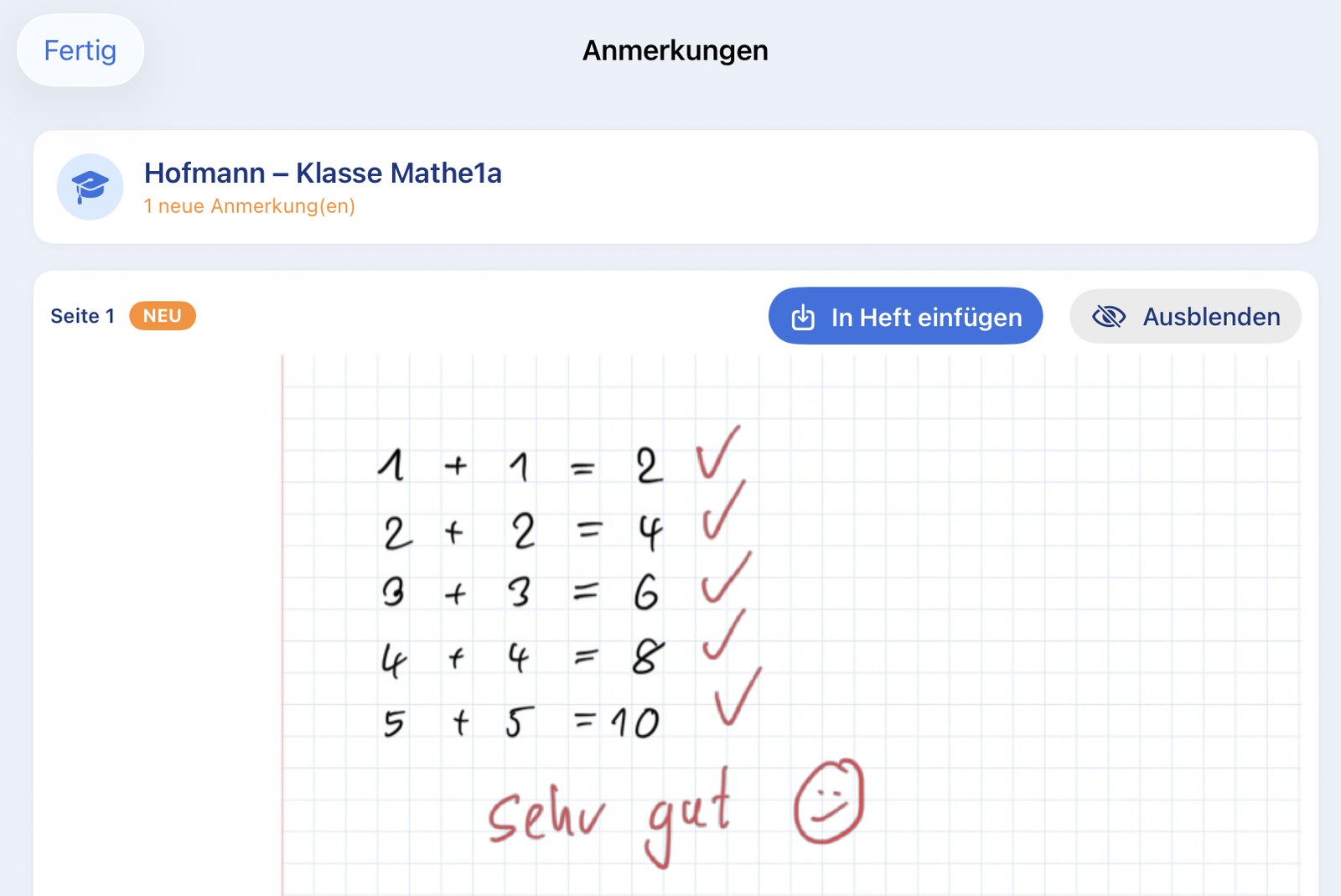 Anmerkung der Lehrkraft mit „In Heft einfügen