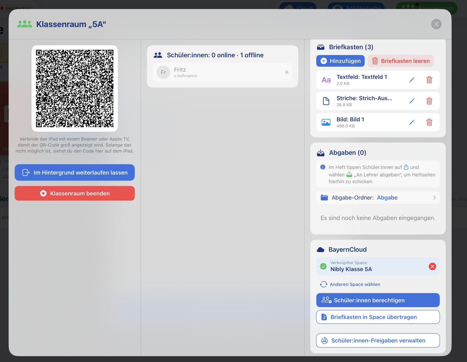Klassenraum-Fenster mit QR-Code, Briefkasten, Abgaben und BayernCloud-Anbindung