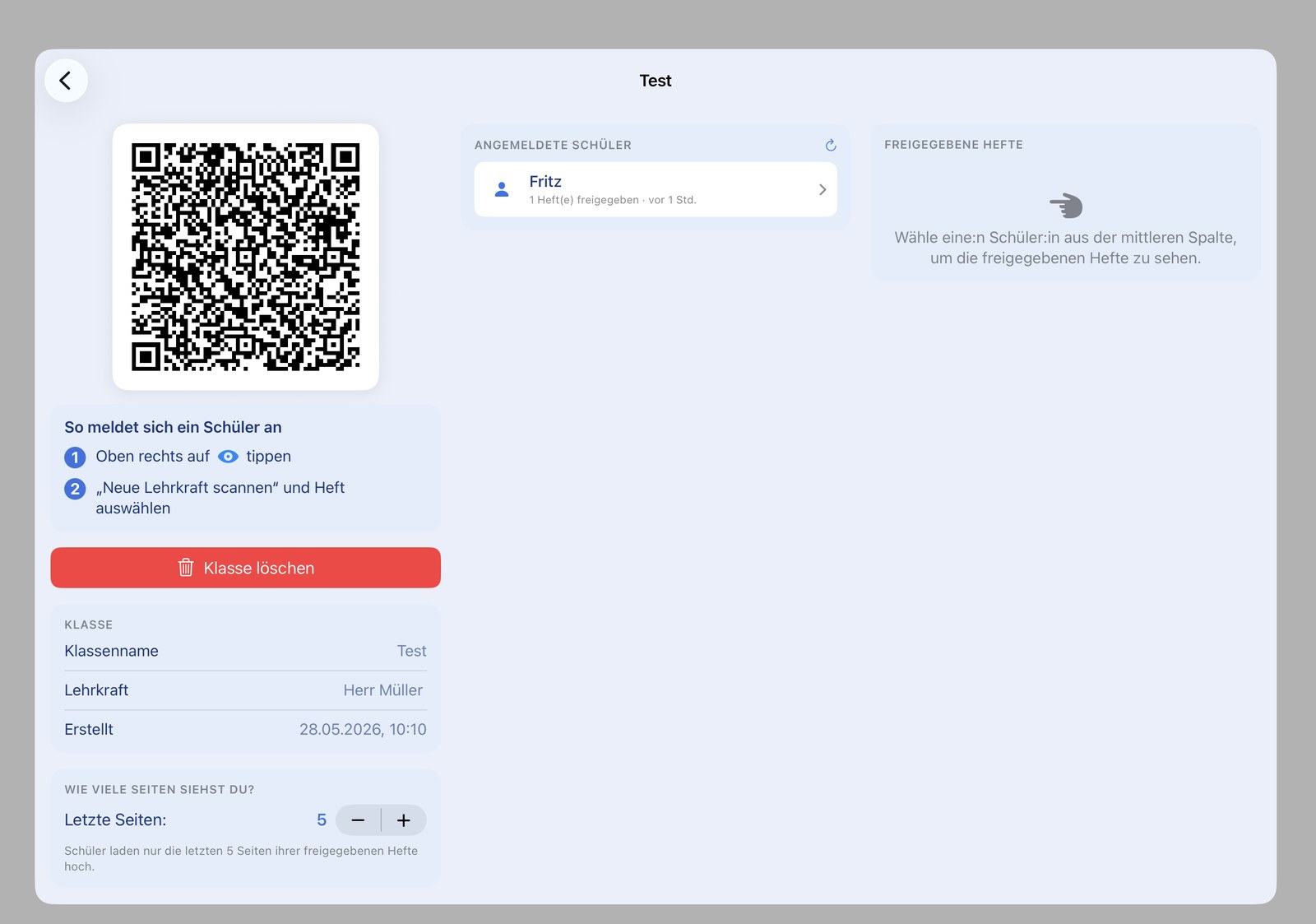 Class details with QR code and signed-in students