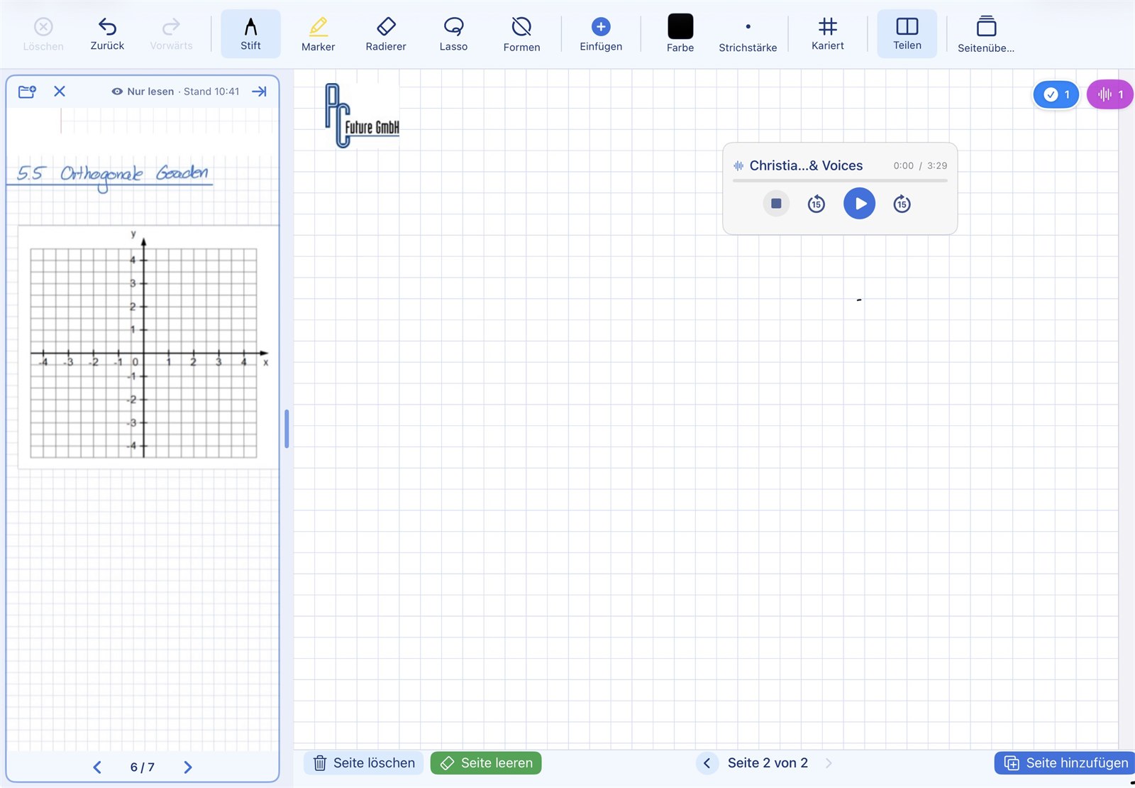 Split view: PDF reading area on the left, writable notebook page on the right
