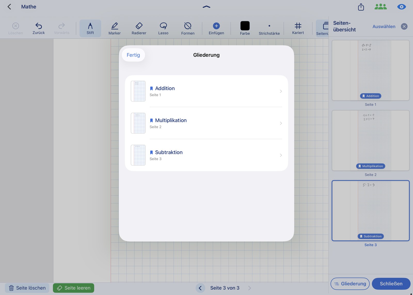 Page overview with thumbnails