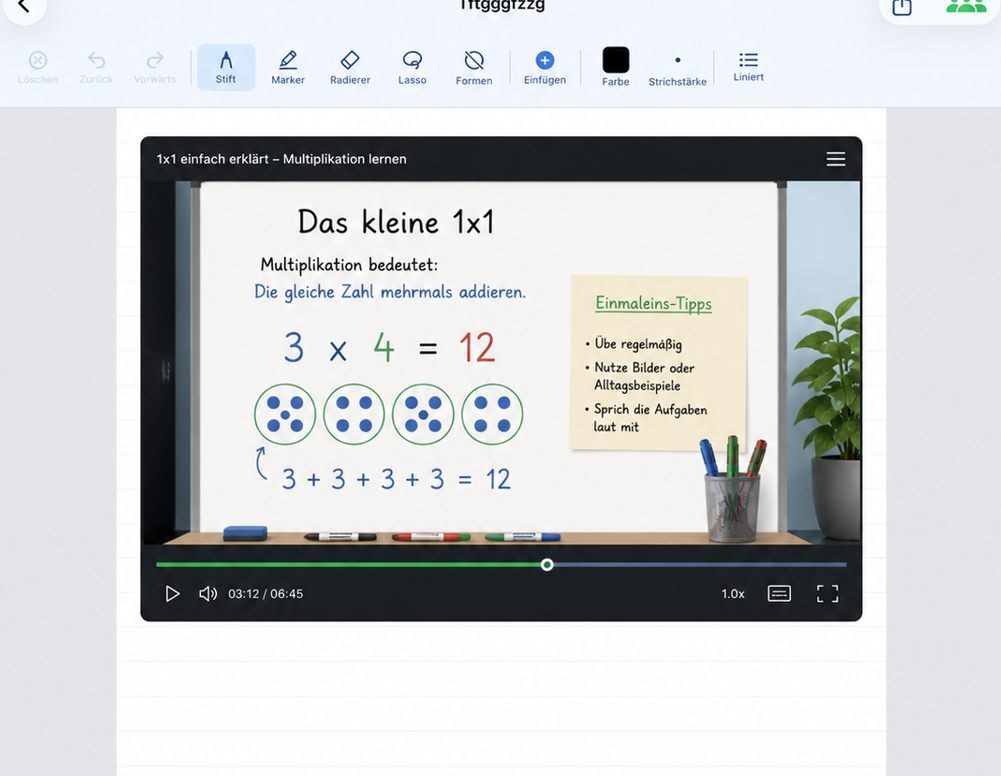 Embedded video player in a notebook page with title, play control, time display and full-screen button