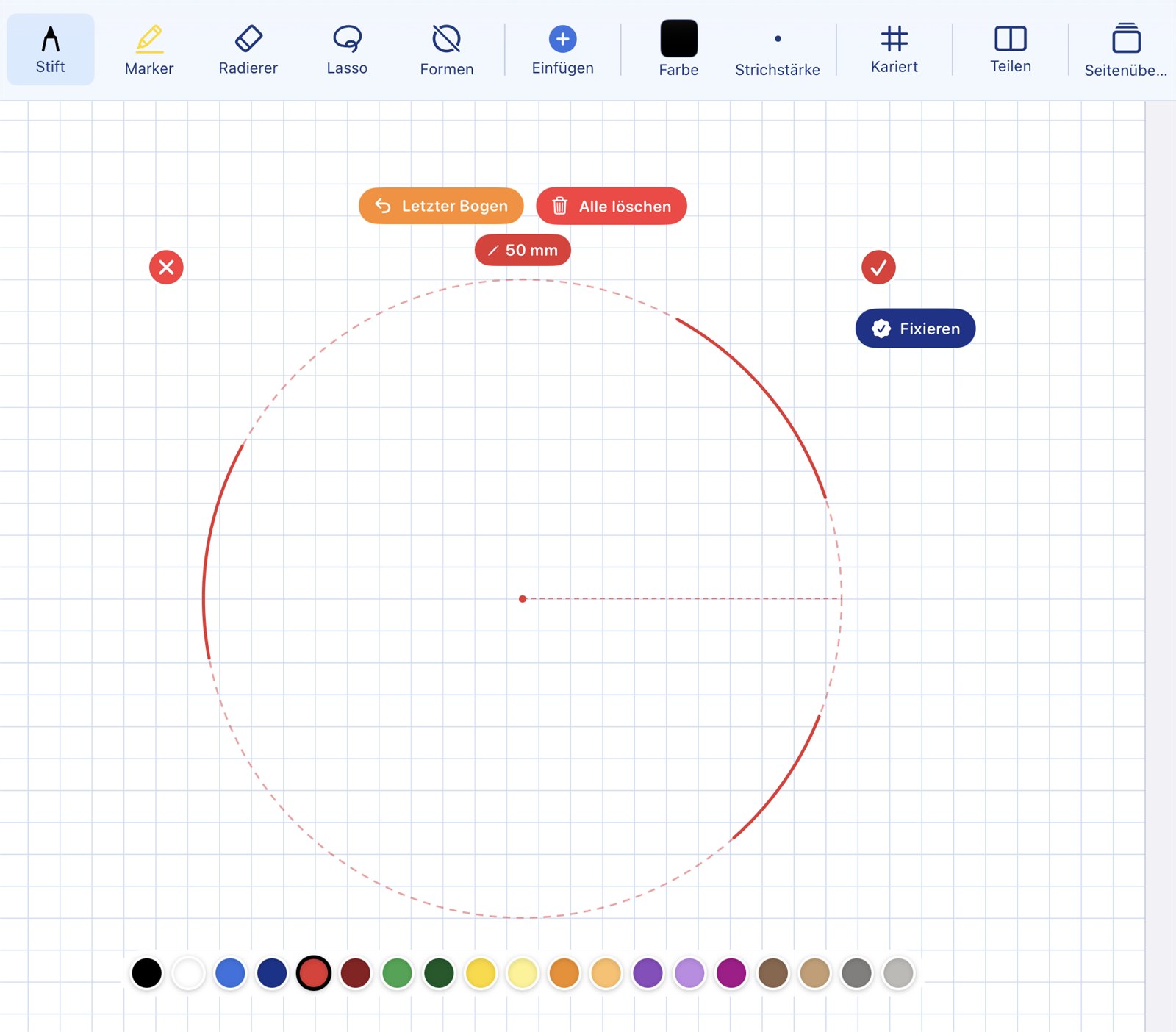 Compass in arc mode: dashed guide circle with individual arcs drawn along it